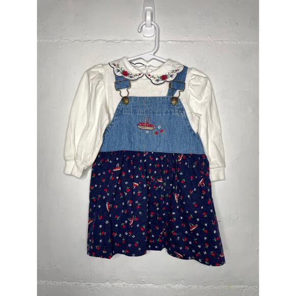 Vintage Hartstrings Baby Apple Picking Denim Dress Outfit 18 Months Embroidered - Picture 1 of 10